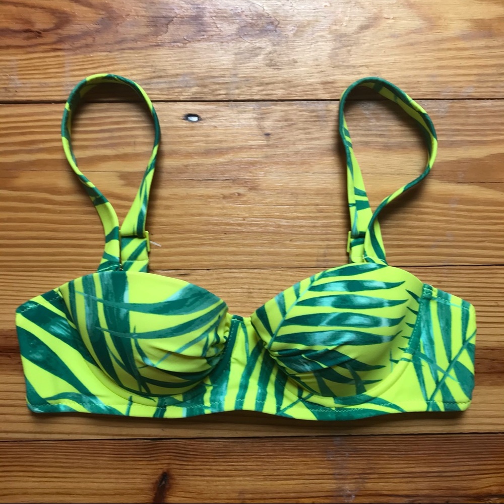 Aerie Yellow Green Tropical Leaf Print Bikini, 32B